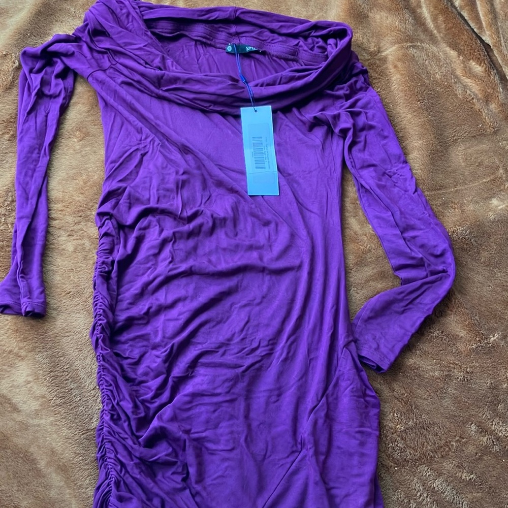Krisa eggplant purple dress with side ruching long sleeve S BNWT